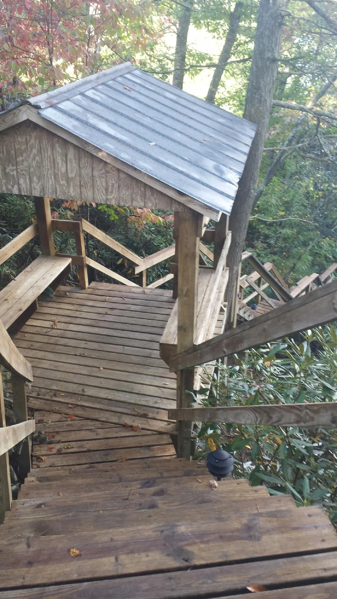 Metal roofed shelter over wooden steps on a wooded walkway — Skylight Repair & Installation work by our crew in Binger
